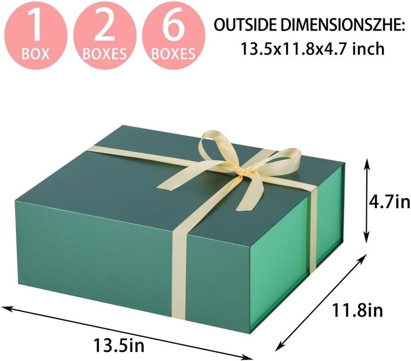 UoeRing 6 Pack Green Gift Box Large 13.5x11.8x4.7 inch Luxury Gift Box for Presents with Magnetic Closure Lid Collapsible,Birthday,Christmas,Contains Card, Ribbon, Tissue Paper,Shredded Paper Filler - Image 2